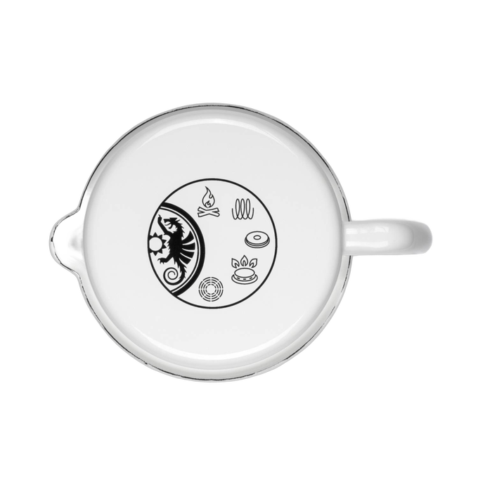 Top view of a white enamel milk pot with handle, featuring black printed icons for campfire, coil burner, stove, grill, and coffee cup, handcrafted for Farm, Garden & Tool, Kitchen & Food, Camping, Cookware, Pots and Pans, and Best Sellers collections.