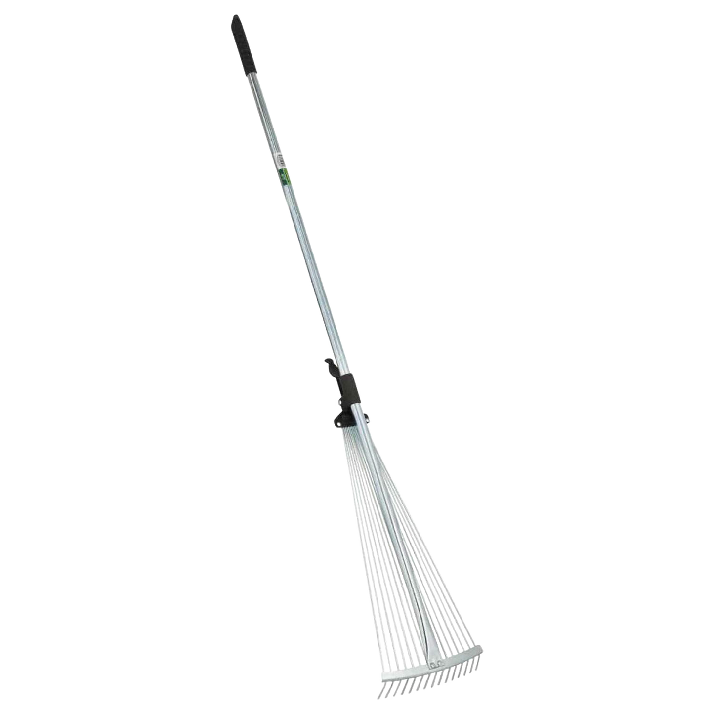 Adjustable garden rake with 15 steel tines and black rubber grips, expanding from 7 to 25 inches wide for efficient leaf raking and compact storage, ideal for Farm, Garden & Tool and Lawncare collections.