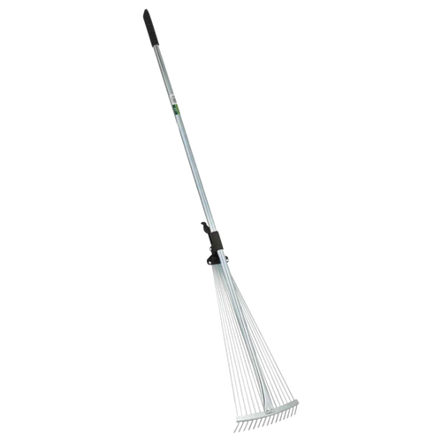 Adjustable garden rake with 15 steel tines and black rubber grips, expanding from 7 to 25 inches wide for efficient leaf raking and compact storage, ideal for Farm, Garden & Tool and Lawncare collections.