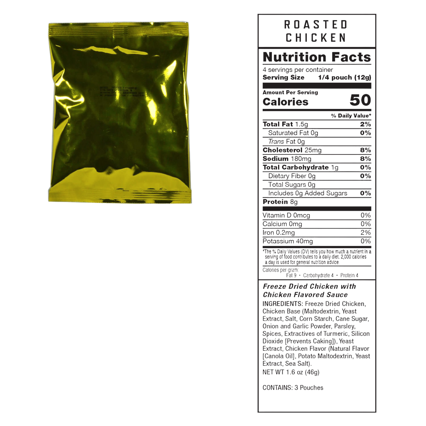 Gold vacuum-sealed pouch containing a freeze-dried meat portion with a nutrition facts label showing 250 calories per serving, designed for emergency food storage in USA Made, Pantry, and Emergency Supplies collections.
