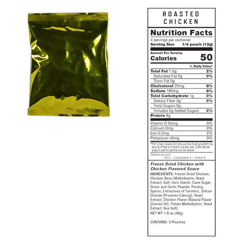 Gold vacuum-sealed pouch containing a freeze-dried meat portion with a nutrition facts label showing 250 calories per serving, designed for emergency food storage in USA Made, Pantry, and Emergency Supplies collections.