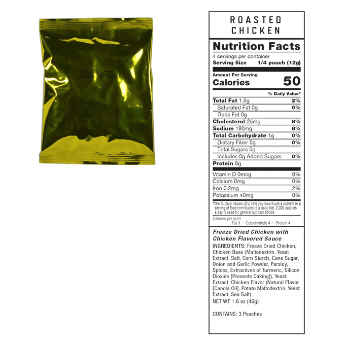 Gold vacuum-sealed pouch containing a freeze-dried meat portion with a nutrition facts label showing 250 calories per serving, designed for emergency food storage in USA Made, Pantry, and Emergency Supplies collections.