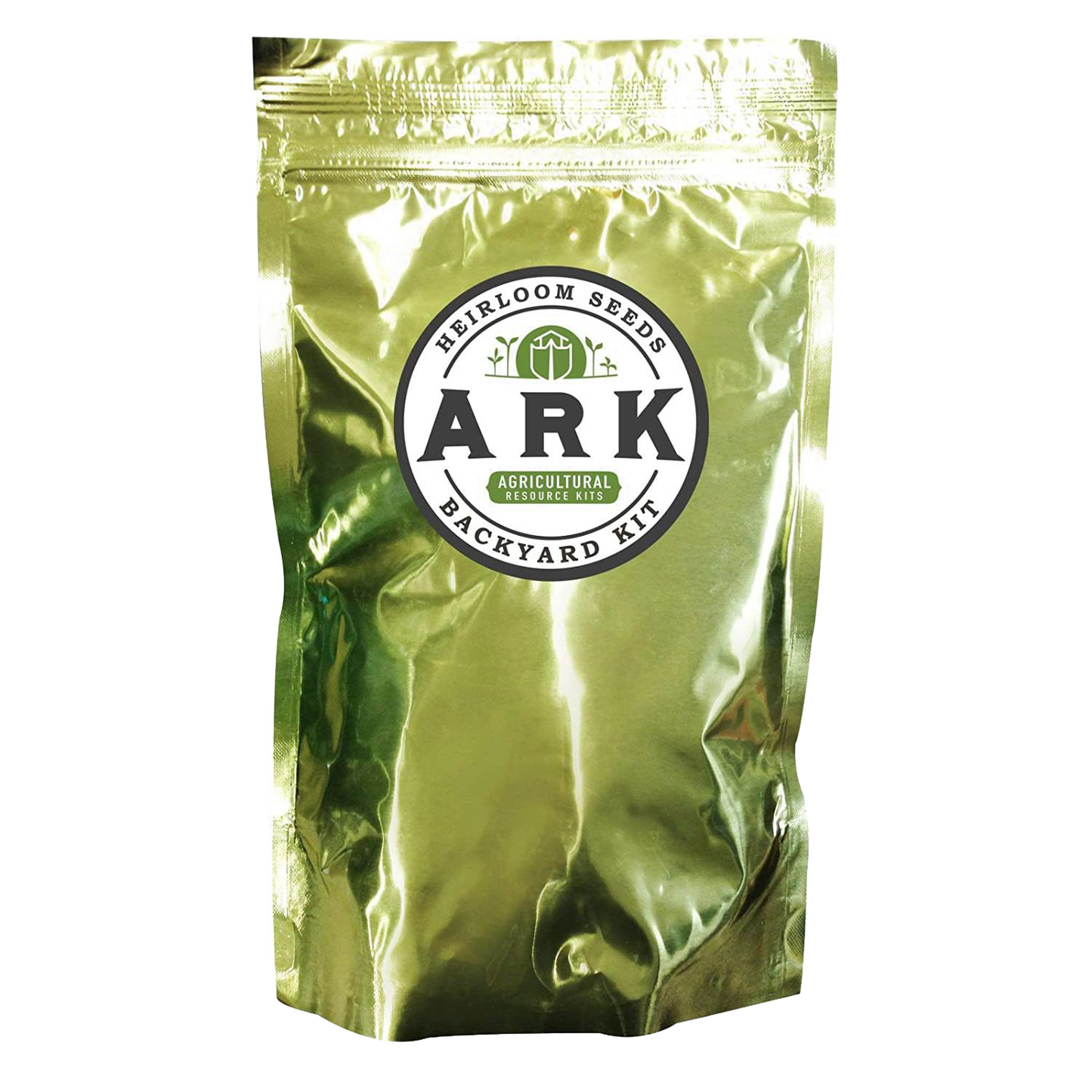 Reflective gold foil pouch featuring a round white logo for heirloom seed kit, designed for sustainable gardening in Farm, Garden & Tool, Seeds and Planting, USA Made collections.