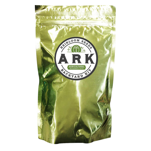 Reflective gold foil pouch featuring a round white logo for heirloom seed kit, designed for sustainable gardening in Farm, Garden & Tool, Seeds and Planting, USA Made collections.