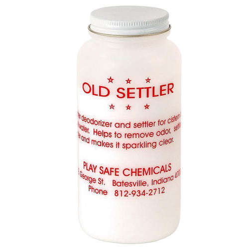 White plastic container labeled Old Settler with red text, used as a water purifier for cisterns and wells, featured in Appliances, Water Heating and Treatment, and Best Sellers collections.