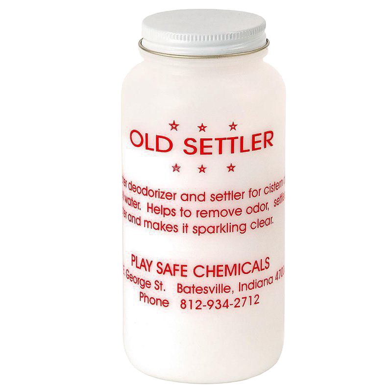 White plastic container labeled Old Settler with red text, used as a water purifier for cisterns and wells, featured in Appliances, Water Heating and Treatment, and Best Sellers collections.