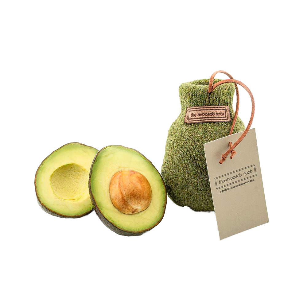 Olive green avocado sock made from 100% natural wool with label, paired with a halved ripe avocado, featured in Kitchen & Food, Kitchen Gadgets, and Best Sellers collections.