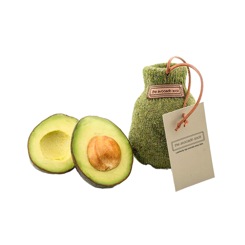 Olive green avocado sock made from 100% natural wool with label, paired with a halved ripe avocado, featured in Kitchen & Food, Kitchen Gadgets, and Best Sellers collections.