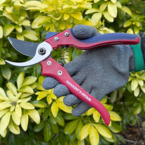Gloved hand holding Spear & Jackson Razorsharp bypass pruning shears with ergonomic red handles and sharp SK5 carbon steel blades, perfect for Farm, Garden & Tool, Garden Accessories, Lawncare, Best Sellers, and Promo Eligible collections.