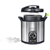Modern stainless steel digital pressure canner with open lid and removable perforated rack, designed for effortless food preservation in kitchen and canning collections.