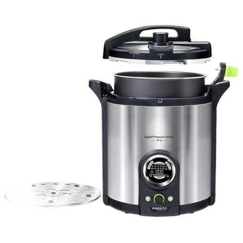 Modern stainless steel digital pressure canner with open lid and removable perforated rack, designed for effortless food preservation in kitchen and canning collections.