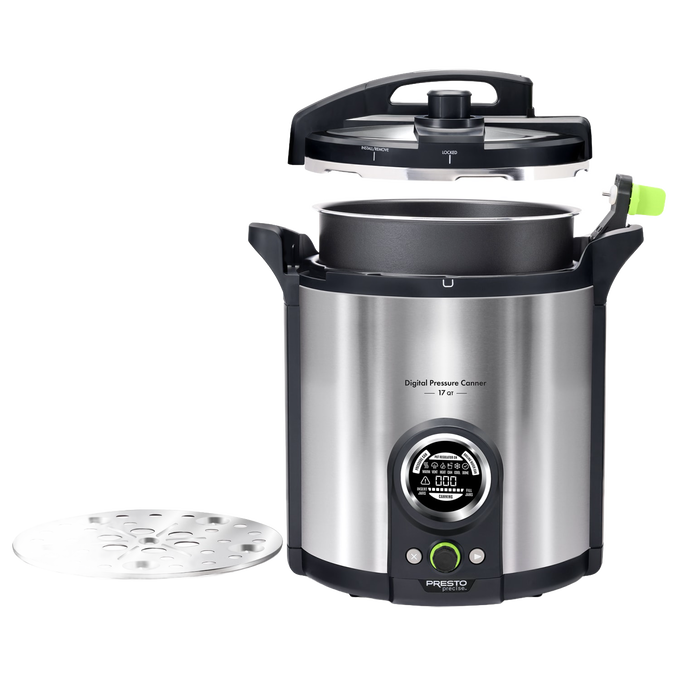 Modern stainless steel digital pressure canner with open lid and removable perforated rack, designed for effortless food preservation in kitchen and canning collections.