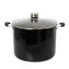 Large black water bath canner with stainless steel-rimmed glass lid and black handles, designed for food preservation and canning in Kitchen & Food and Best Sellers collections.