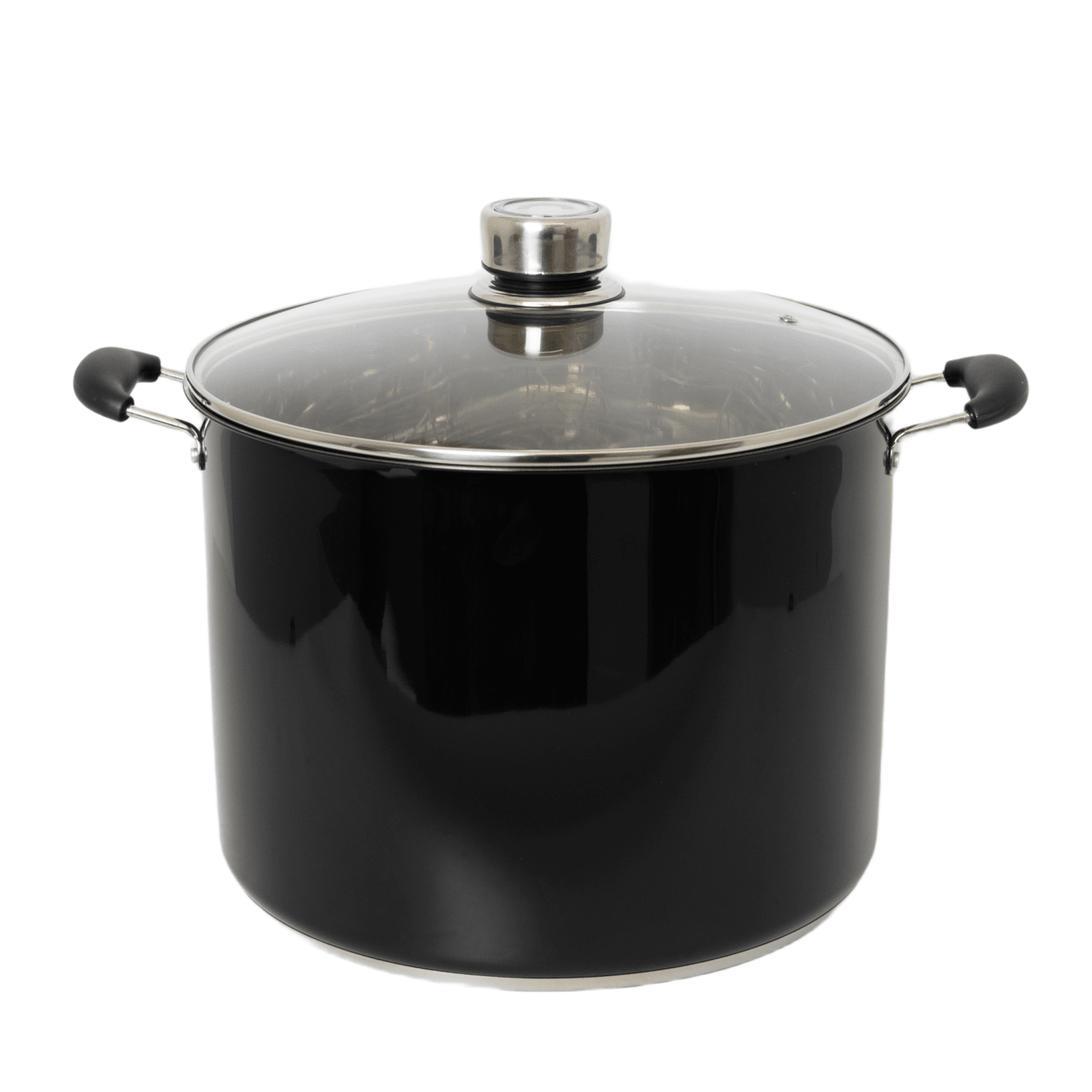 Large black water bath canner with stainless steel-rimmed glass lid and black handles, designed for food preservation and canning in Kitchen & Food and Best Sellers collections.