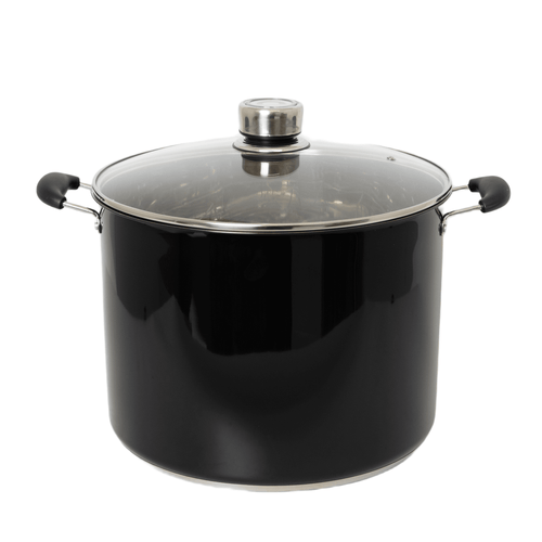 Large black water bath canner with stainless steel-rimmed glass lid and black handles, designed for food preservation and canning in Kitchen & Food and Best Sellers collections.