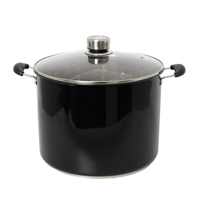 Large black water bath canner with stainless steel-rimmed glass lid and black handles, designed for food preservation and canning in Kitchen & Food and Best Sellers collections.
