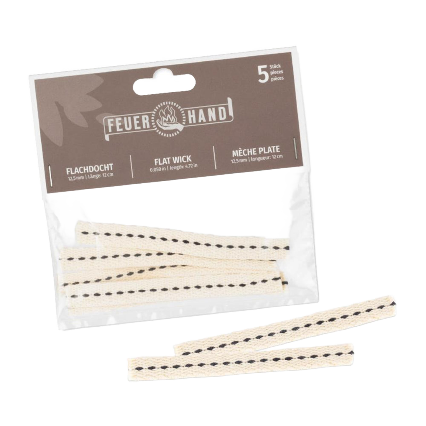 Set of five handcrafted cotton flat wicks with dark center stitching, designed for reliable fuel flow in oil lamps, suitable for Farm, Garden & Tool, Lamps & Lighting, and Emergency Supplies collections.