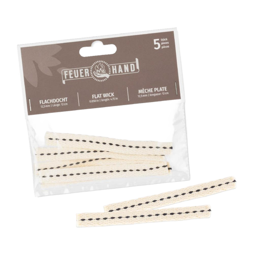 Set of five handcrafted cotton flat wicks with dark center stitching, designed for reliable fuel flow in oil lamps, suitable for Farm, Garden & Tool, Lamps & Lighting, and Emergency Supplies collections.