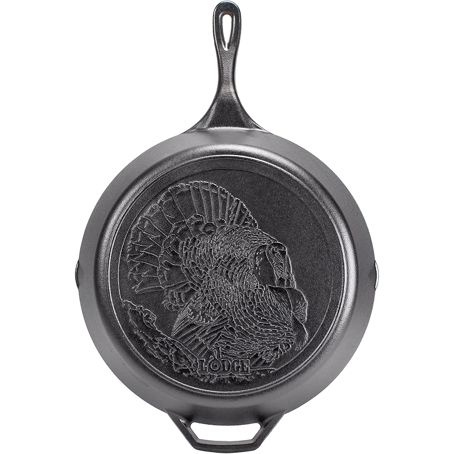 Cast iron skillet featuring a detailed turkey design, pre-seasoned for optimal cooking, ideal for Kitchen & Food, Cast Iron, Pots and Pans, USA Made, and Best Sellers collections.