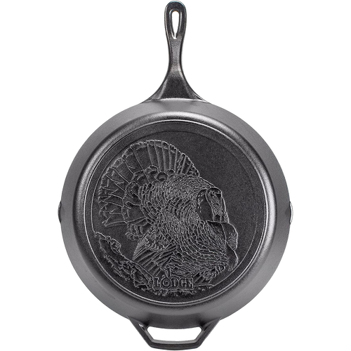 Cast iron skillet featuring a detailed turkey design, pre-seasoned for optimal cooking, ideal for Kitchen & Food, Cast Iron, Pots and Pans, USA Made, and Best Sellers collections.