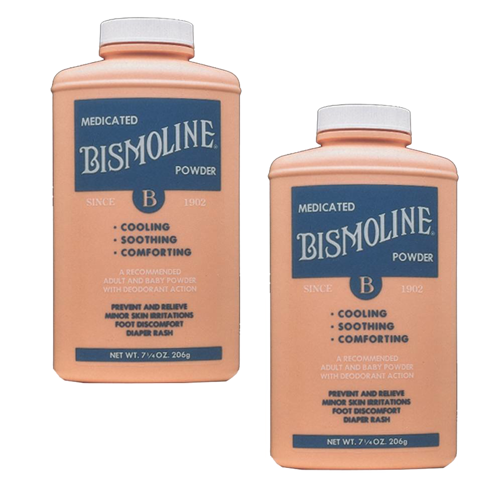 Two bottles of medicated powder in peach-colored containers with blue labels, designed to soothe and prevent skin irritation, part of Health & Wellness and USA Made collections.