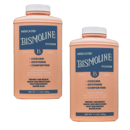 Two bottles of medicated powder in peach-colored containers with blue labels, designed to soothe and prevent skin irritation, part of Health & Wellness and USA Made collections.