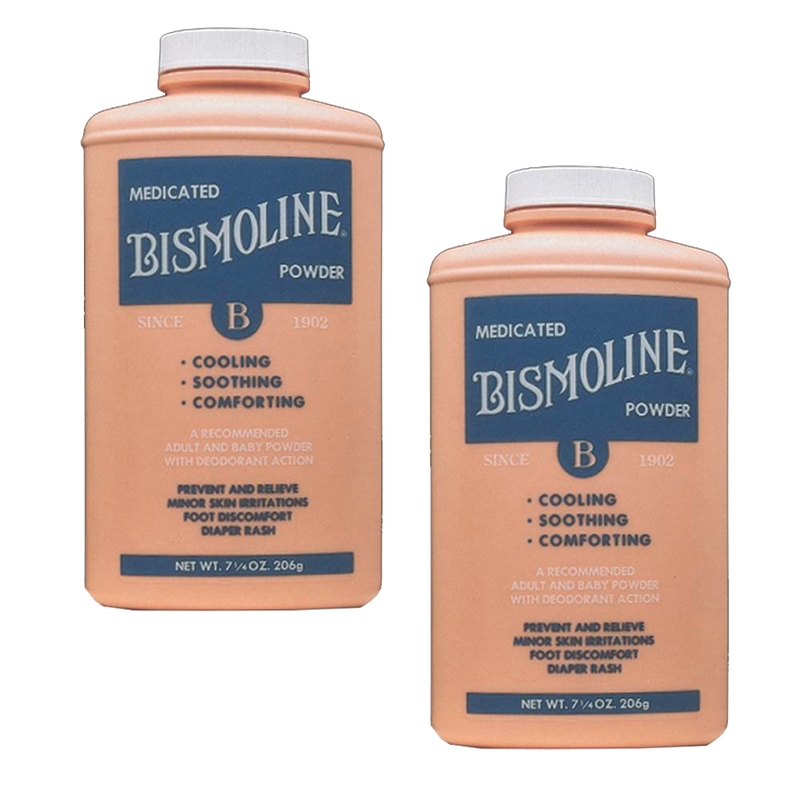 Two bottles of medicated powder in peach-colored containers with blue labels, designed to soothe and prevent skin irritation, part of Health & Wellness and USA Made collections.