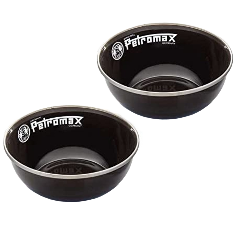 Two black enamel bowls with white logos and rims, designed for durable, heat- and scratch-resistant outdoor use, ideal for Farm, Garden & Tool, Kitchen & Food, Camping, Dinnerware, Best Sellers, Promo Eligible collections.