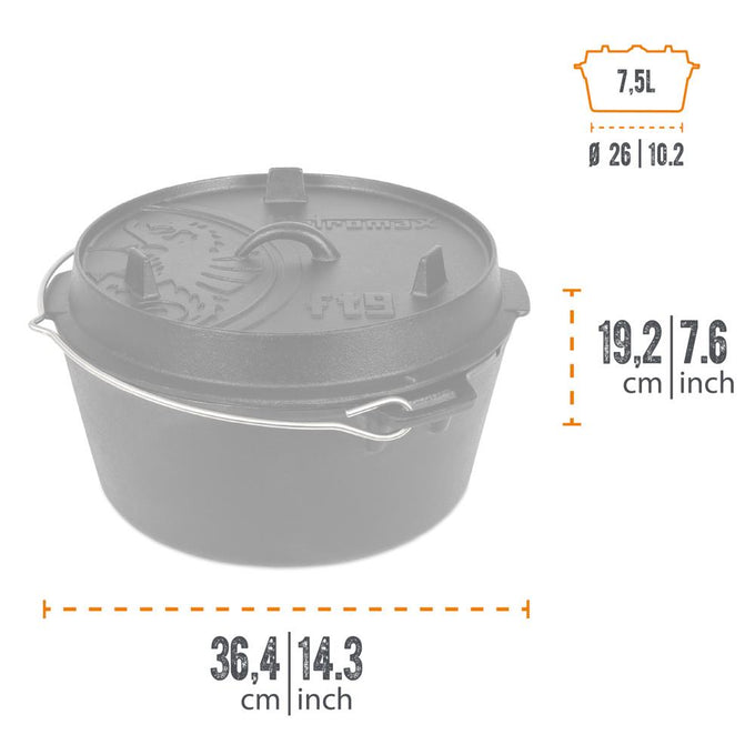 Heavy-duty cast iron Dutch oven with flat base and embossed lid featuring a dragon motif, equipped with a metal bail handle, ideal for Kitchen & Food, Cookware, Cast Iron, Best Sellers, Promo Eligible collections.