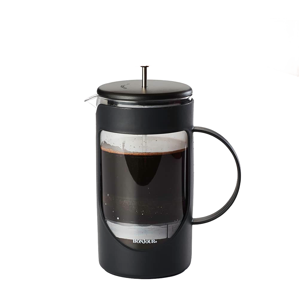 Black and clear French press coffee maker filled with brewed coffee, featuring a sturdy handle and metal plunger, suitable for Kitchen & Food and Brewing Coffee and Tea collections.