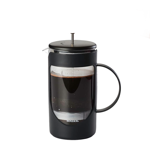 Black and clear French press coffee maker filled with brewed coffee, featuring a sturdy handle and metal plunger, suitable for Kitchen & Food and Brewing Coffee and Tea collections.