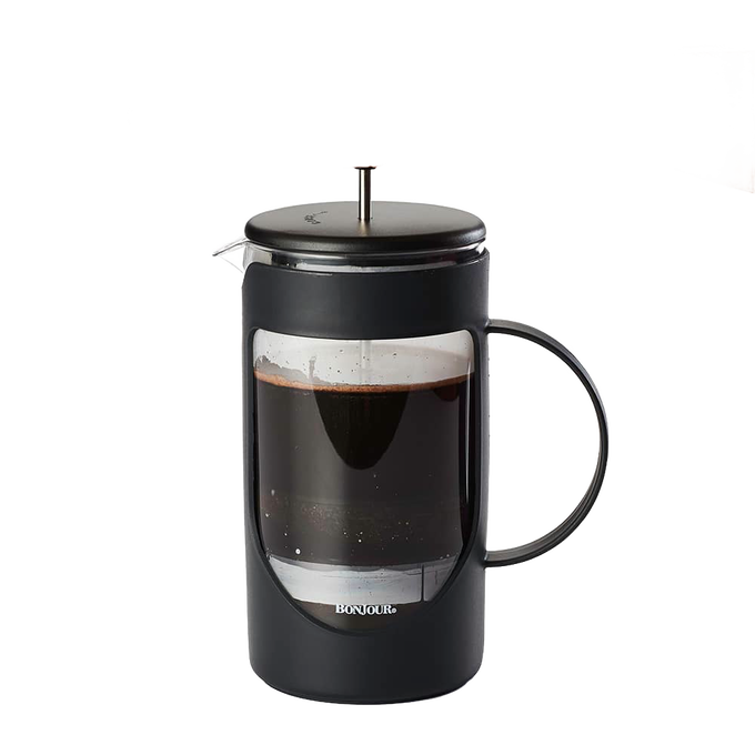 Black and clear French press coffee maker filled with brewed coffee, featuring a sturdy handle and metal plunger, suitable for Kitchen & Food and Brewing Coffee and Tea collections.