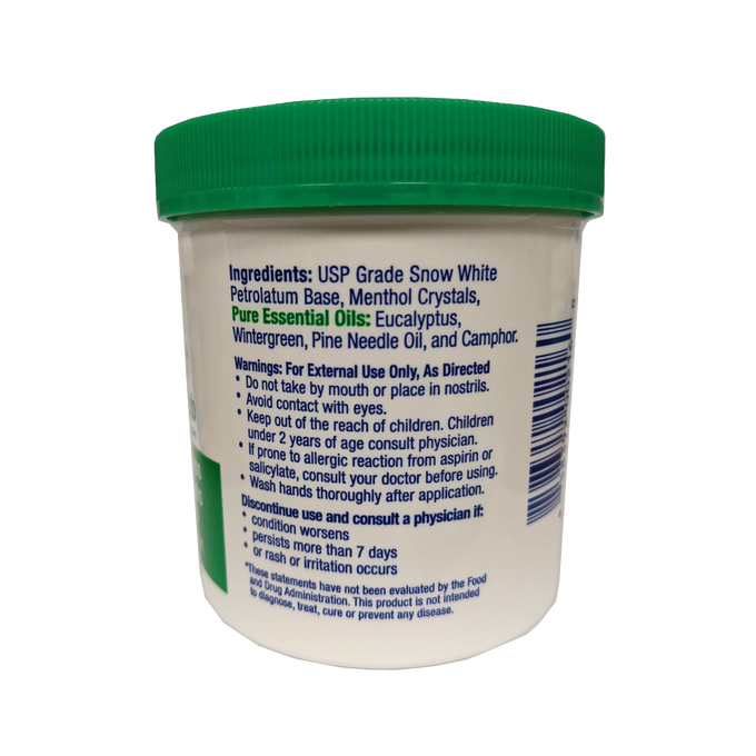 White container with green lid displaying ingredients including menthol and essential oils like eucalyptus and wintergreen, offering handcrafted relief in Health & Wellness, Health Remedies, USA Made, Best Sellers, and Promo Eligible collections.