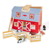 Unique handcrafted foldable wooden barn in red with blue roof and natural handle, featuring miniature farm animals and fenced corral, perfect for imaginative play in Toys, Children’s Toys, and Wooden Toys collections.