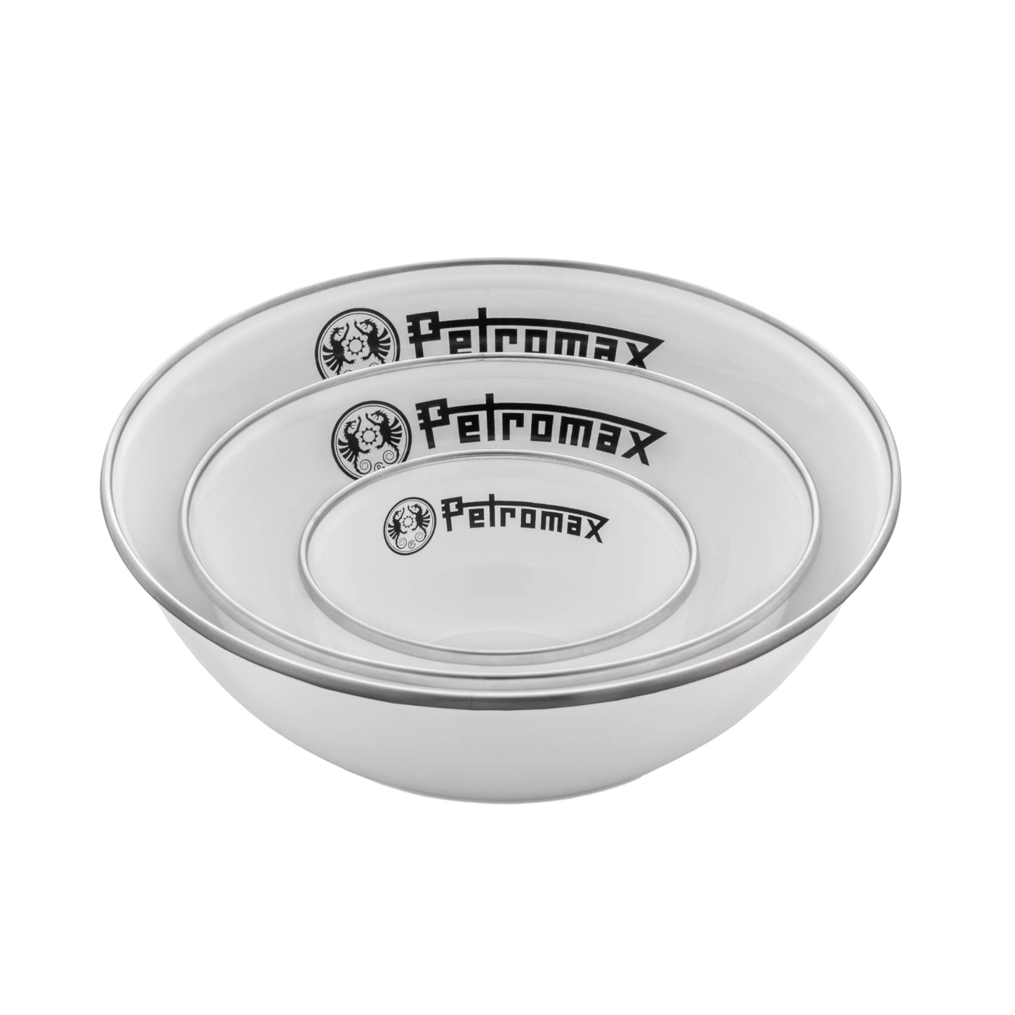Set of three nested white enamel bowls with subtle gray rims and black logos, designed for durable, heat- and scratch-resistant use in Farm, Garden & Tool, Kitchen & Food, Camping, Dinnerware, Best Sellers, and Promo Eligible collections.