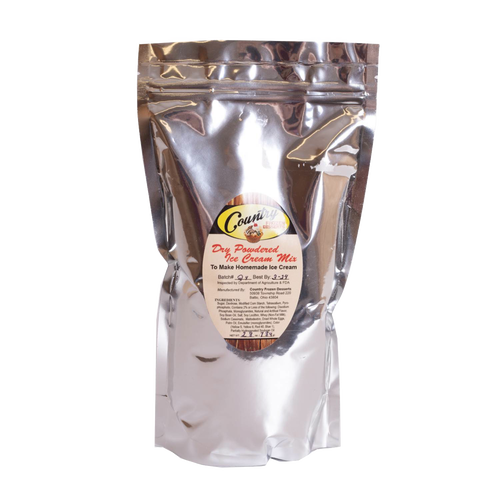 Reflective silver foil pouch containing dry powdered ice cream mix, labeled for homemade ice cream preparation; featured in Kitchen & Food, Dry Goods and Mixes, and USA Made collections.