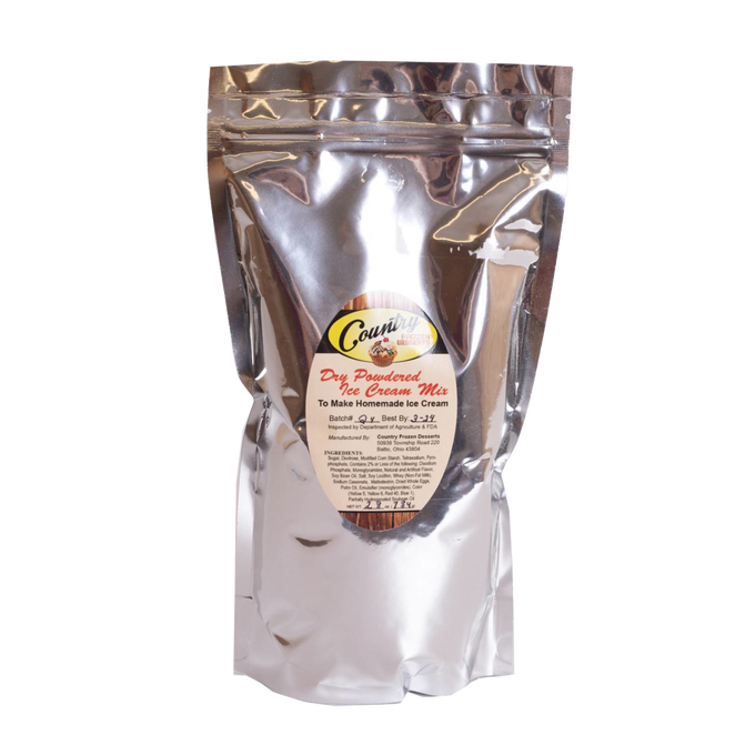 Reflective silver foil pouch containing dry powdered ice cream mix, labeled for homemade ice cream preparation; featured in Kitchen & Food, Dry Goods and Mixes, and USA Made collections.
