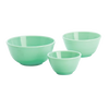 Set of three handcrafted mint green glass mixing bowls in varying sizes, designed for versatile use in Kitchen & Food, Cookware, Baking Supplies, Dinnerware, USA Made, Best Sellers, and Promo Eligible collections.
