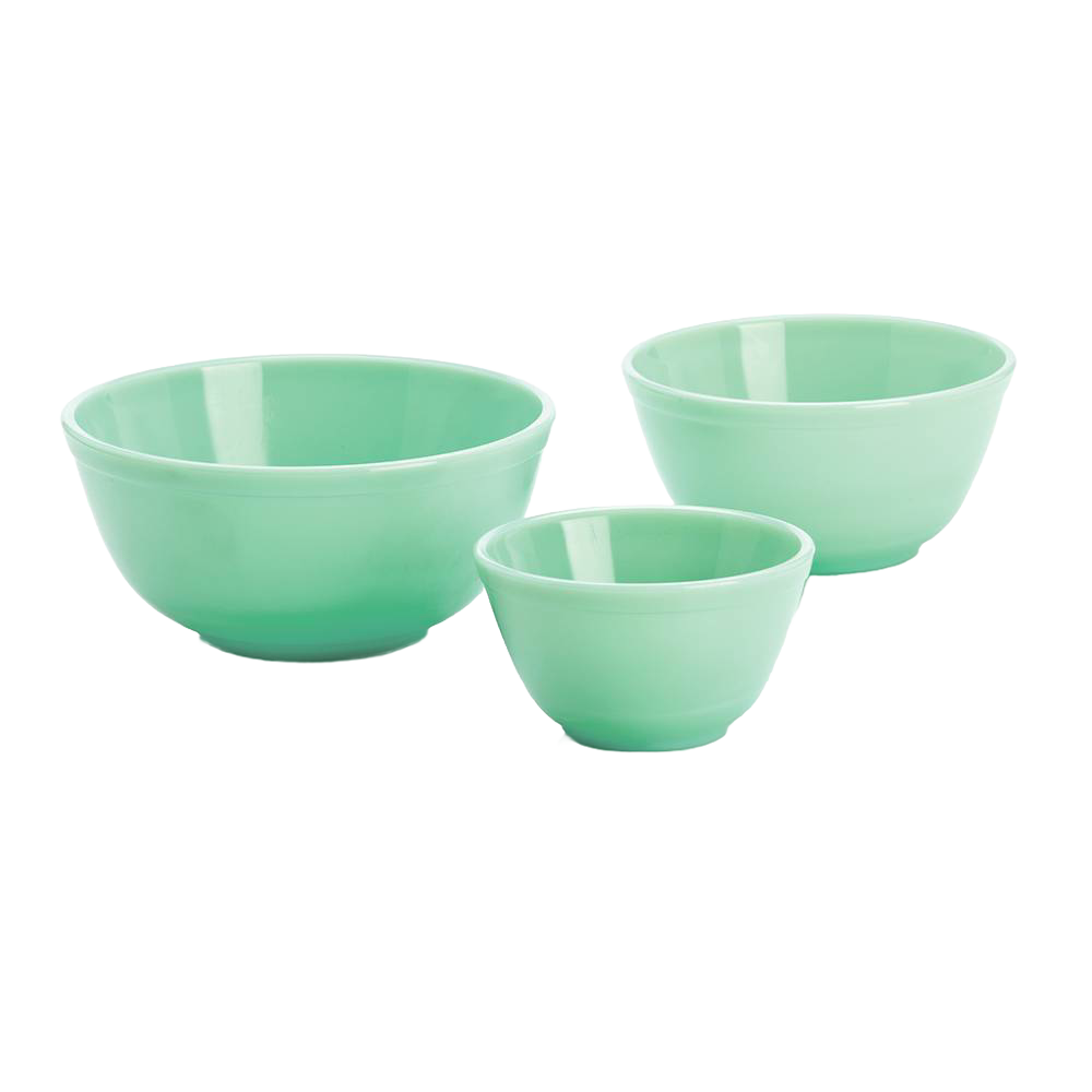 Set of three handcrafted mint green glass mixing bowls in varying sizes, designed for versatile use in Kitchen & Food, Cookware, Baking Supplies, Dinnerware, USA Made, Best Sellers, and Promo Eligible collections.