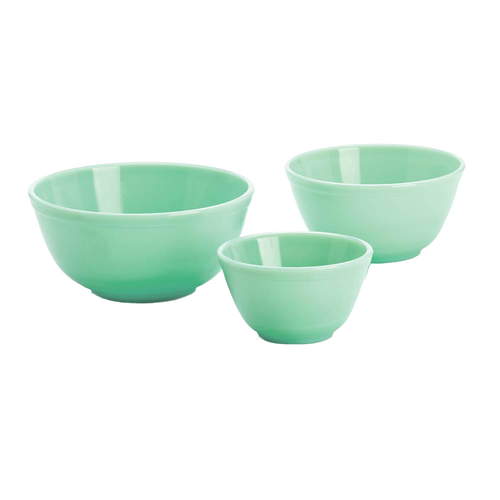Set of three handcrafted mint green glass mixing bowls in varying sizes, designed for versatile use in Kitchen & Food, Cookware, Baking Supplies, Dinnerware, USA Made, Best Sellers, and Promo Eligible collections.