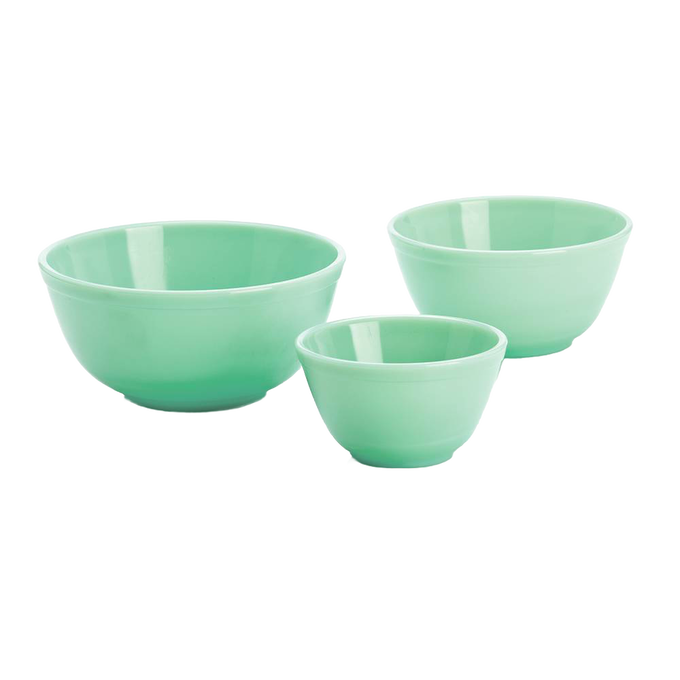 Set of three handcrafted mint green glass mixing bowls in varying sizes, designed for versatile use in Kitchen & Food, Cookware, Baking Supplies, Dinnerware, USA Made, Best Sellers, and Promo Eligible collections.