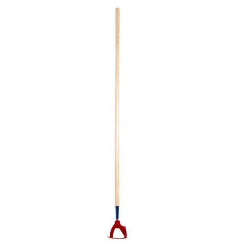 Handcrafted garden hoe with a hardwood handle and hardened spring steel blade, designed for efficient cultivating in farm and garden work, Amish made in the USA.