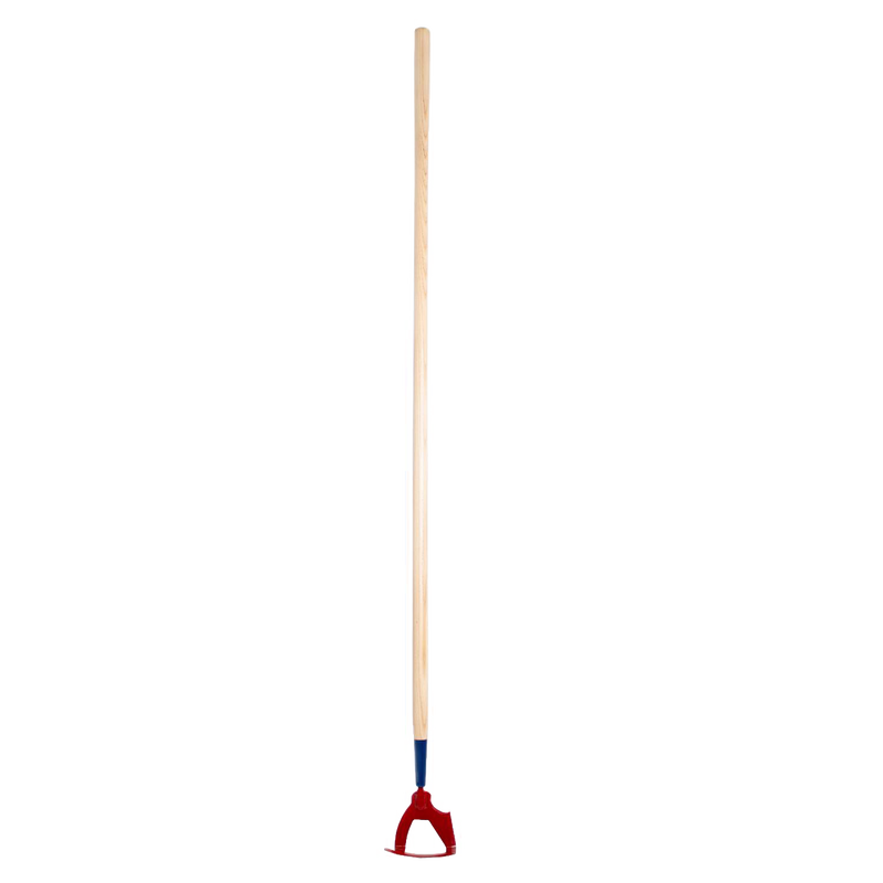 Handcrafted garden hoe with a hardwood handle and hardened spring steel blade, designed for efficient cultivating in farm and garden work, Amish made in the USA.