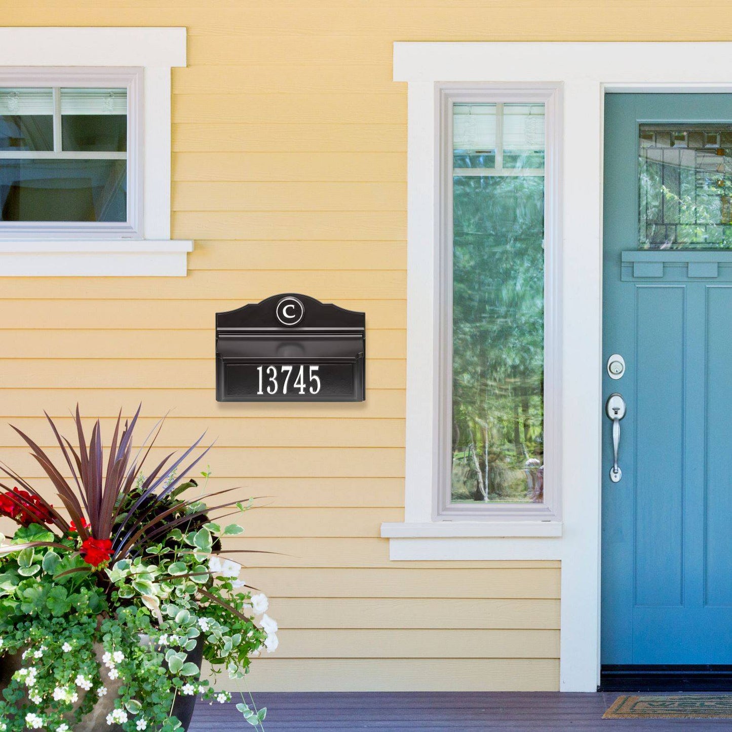 Black and white handcrafted wall mount mailbox with raised house number and circular monogram, made in USA, enhancing curb appeal in Home & Decor and Mailboxes collections.