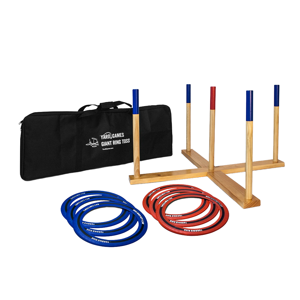 Giant ring toss game set with wooden frame and posts featuring red and blue tossing rings, accompanied by a sturdy black carrying case, ideal for outdoor lawn games in Toys, Books & Games and Best Sellers collections.