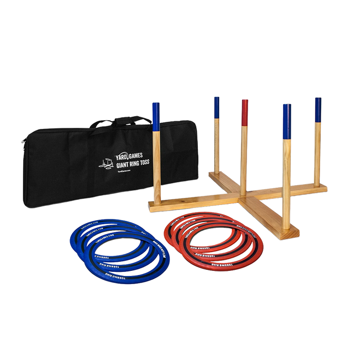 Giant ring toss game set with wooden frame and posts featuring red and blue tossing rings, accompanied by a sturdy black carrying case, ideal for outdoor lawn games in Toys, Books & Games and Best Sellers collections.