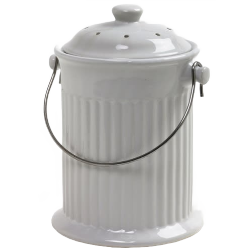 Handcrafted white ceramic compost keeper with a gleaming finish and stainless steel handle, designed to hold one gallon and fit Farm, Garden & Tool, Composting, and Garden Accessories collections.
