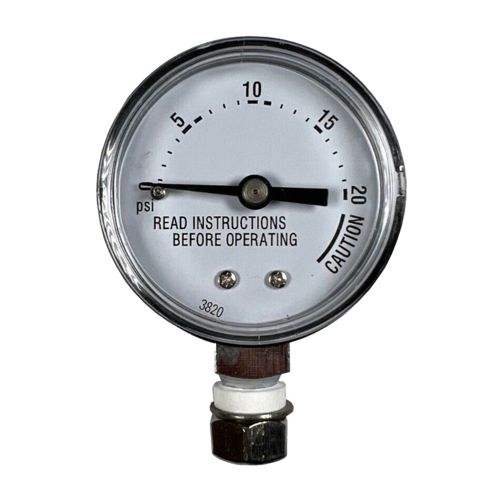 Round pressure gauge with clear dial marked up to 20 psi, featuring a caution label and instructions, designed for safe use in kitchen food preservation and canning applications.