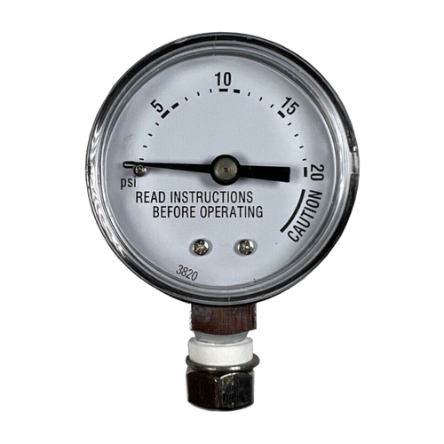 Round pressure gauge with clear dial marked up to 20 psi, featuring a caution label and instructions, designed for safe use in kitchen food preservation and canning applications.