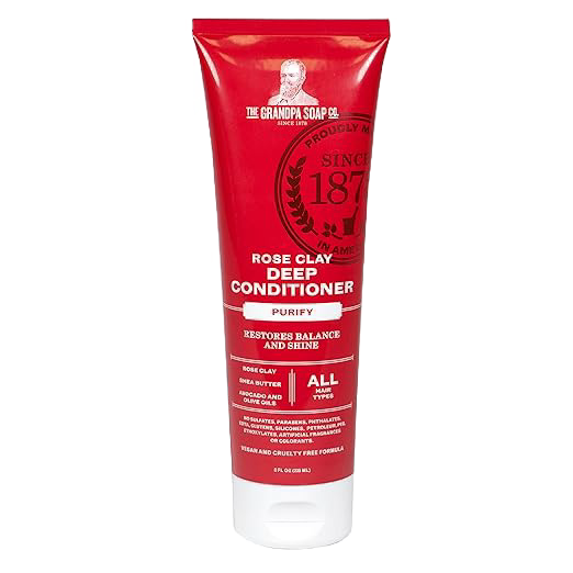 Handcrafted red tube of rose clay deep conditioner made in USA, designed for health and wellness, grooming and personal hygiene, and gentle care for all hair types.